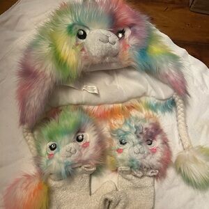 Justice Rainbow fuzzy unicorn llama Plush Hat and finger less gloves Set